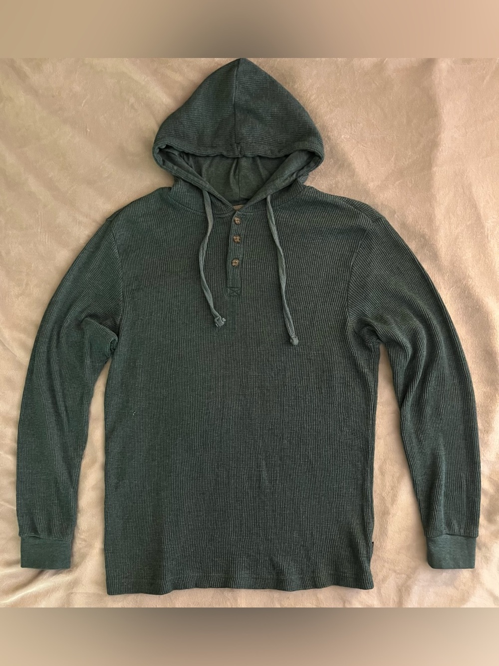 Lee Total Comfort Men Large Green Thermal Waffle Knit Henley Hoodie Pullover